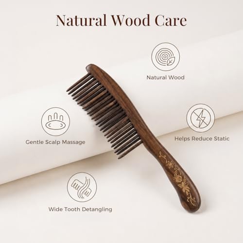 Handmade Wooden Wide Tooth Comb for Curly Hair - Anti-Static Detangling Hairbrush