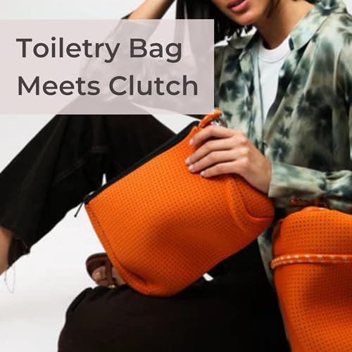 POPUPS Brand Large Makeup Bag with Zipper - Neoprene Machine Washable Travel Toiletry Cosmetic Organizer Pouch for Women (Basic Burnt Orange)