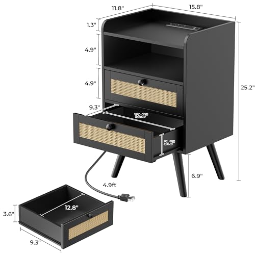 Nightstand with Built-In Charger Station, Boho Rattan Set of 2 - Black, 15.8"W x 11.8"D x 25.2"H