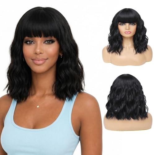 Black Wavy Wig with Bangs 14 Inch Heat Resistant Fiber Shoulder Length