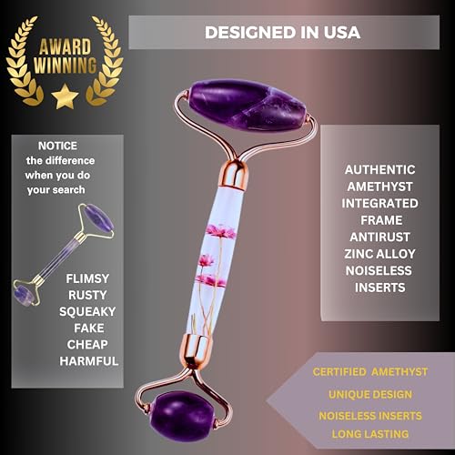 100% Authentic Amethyst Jade Roller and Gua Sha Set for face I Micro Needle I Facial Tools I Purple Guasha I Premium Quality I Mother's Day Gift. (4 PCS, Purple)