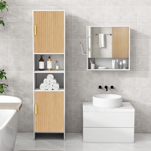 UYIHOME White Tall Narrow Bathroom Storage Cabinet with USB Light
