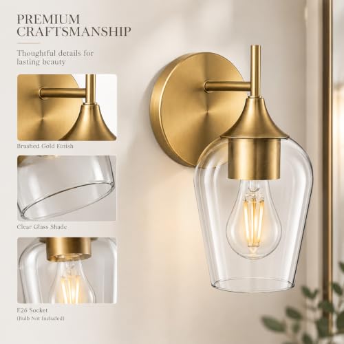 Hamilyeah Gold Brass Wall Sconce Set of 2 - Modern Vintage Bathroom & Bedroom Lighting with Champagne Glass Shades
