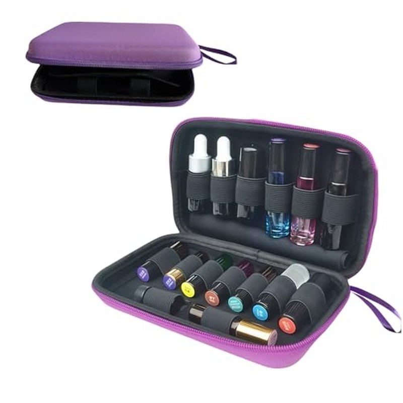 BLIRITEL Essential Oils Organizer Bag, Hard Shell Essential Oil Carrying Case for 15 Bottles, EVA Essential Oil Travel Case for 5ml,10ml Standard and Roller Bottles (Purple)