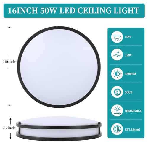 Black 16-Inch LED Ceiling Light Fixtures 50W Dimmable 5CCT Adjustable Pack of 2