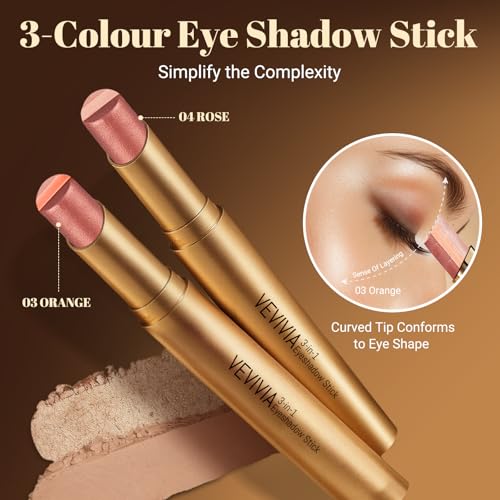 Vevivia 2pcs 3 Color Eyeshadow Stick,Waterproof Glitter Highlighter Stick, Long Lasting Creamy Eye Shadow, with Vitamin E Makeup for Day & Night Look, 1.13 Oz (Shimmer rose+Shimmer orange)