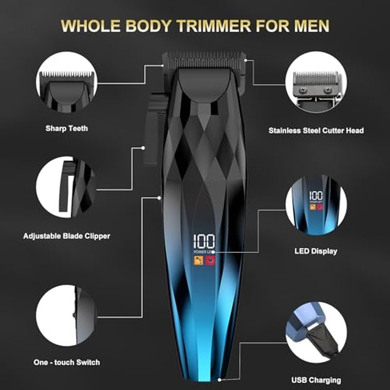 2-in-1 Professional Hair Clippers Set,Cordless Hair Clippers and T-Blade Trimmer Kit for Men,LCD Display,USB Rechargeable,Adjustable Guards,Waterproof,Beard & Body Grooming Kit (Blue)