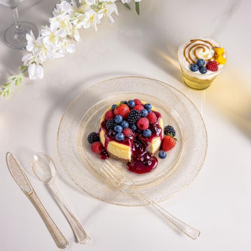 BESTVIP Gold Glitter Disposable Dinnerware Set for 100 Guests - Plastic Plates & Cutlery
