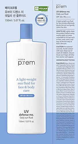 MAKEPREM Defense Me Daily Vegan Sun Fluid SPF 50+ PA++++ Broad Spectrum Sunscreen, Hydrating & Non-Greasy for Sensitive Oily Skin, 150ml