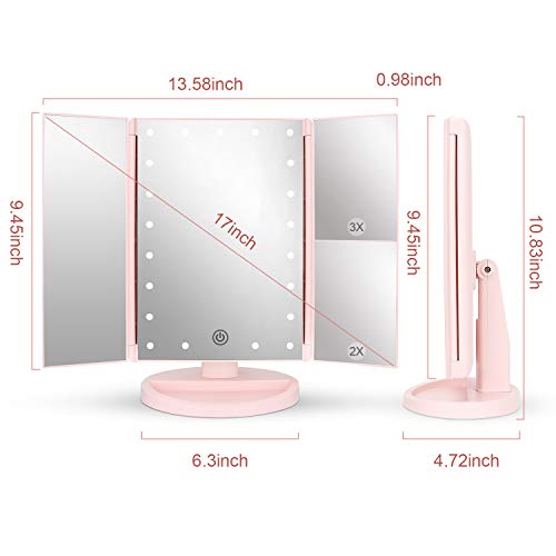 Pink Tri-Fold Lighted Vanity Mirror with 21 LED Lights & Touch Control