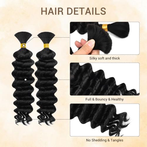 Human Braiding Hair 2 Bundles Deep Wave 12 Inches Black 1B - Boho Knotless
