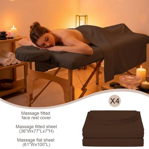 Massage Table Sheets Set - 4-Piece Microfiber Spa Linen with Face Cover - Chocolate