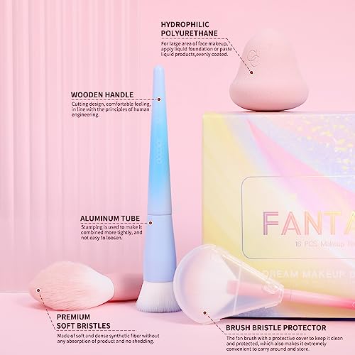 Docolor Fantasy Series Ⅲ Makeup Brush Set with Sponge & Bag – 16+3 Pcs Professional Face & Eye Brushes