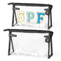 Preppy Patch Cosmetic Bags - 2Pcs Summer SPF Chenille Varsity Letter Large Clear Toiletry Bags Waterproof Portable Makeup Bag Transparent PVC Zipper Clutch Purse Travel for Women Girl (Black)