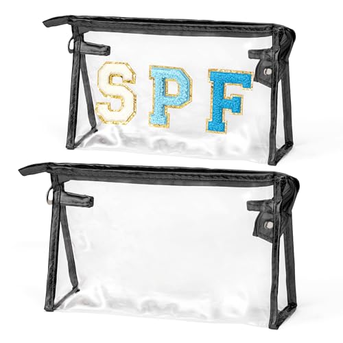 Preppy Patch Cosmetic Bags - 2Pcs Summer SPF Chenille Varsity Letter Large Clear Toiletry Bags Waterproof Portable Makeup Bag Transparent PVC Zipper Clutch Purse Travel for Women Girl (Black)