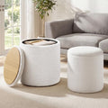 Vanity Stool Set of 2 - Round Storage Ottoman with Teddy Fleece, White Variation