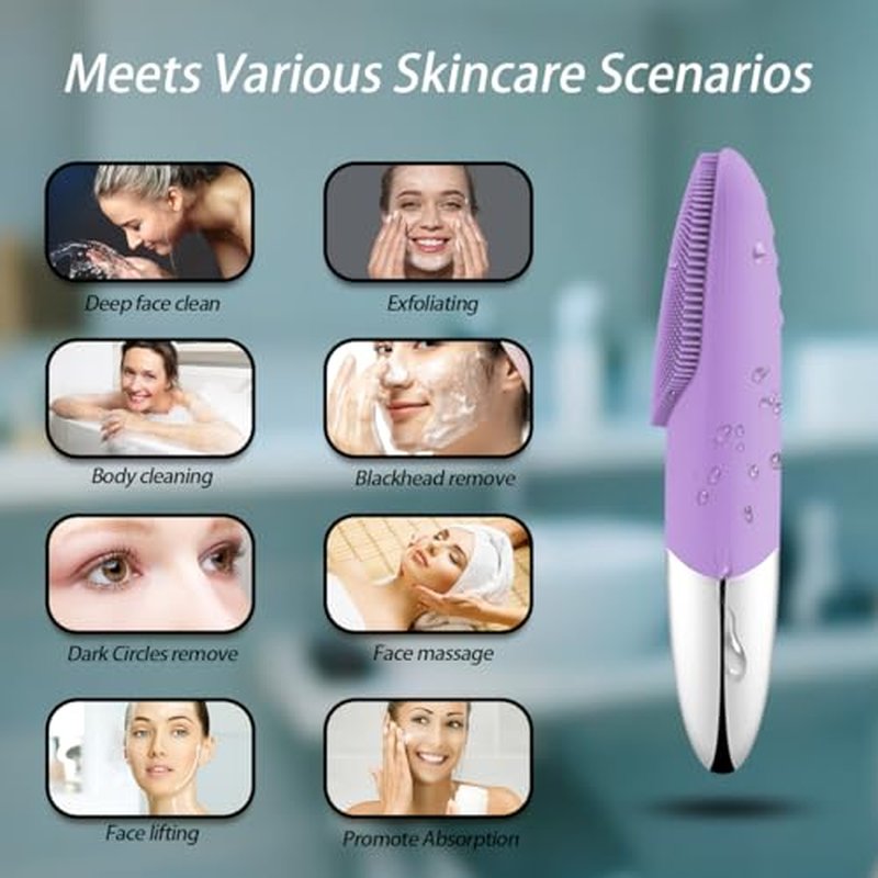 Facial Cleansing Brush, 3-in-1 Electric Silicone Face Scrubber, Vibrating Massager, IPX7 Waterproof, USB Rechargeble Pore Brush for Deep Cleanning, Blackhead Remover, Exfoliating (Purple)