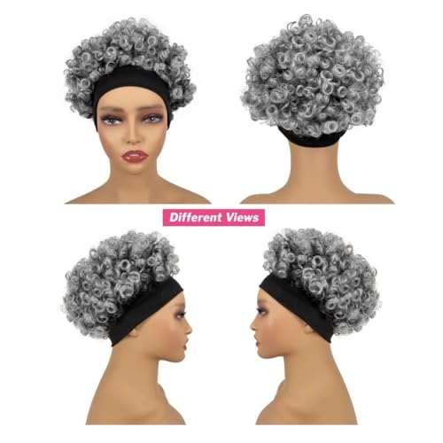 Gray Afro Headband Wig for Black Women Short Kinky Curly Synthetic Afro Wig with Attached Headbands - Glueless, Adjustable Fit