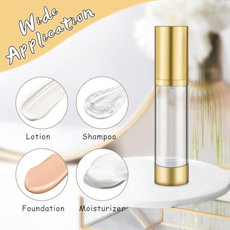 8 Pcs 50ml/1.7oz Empty Airless Pump Bottles without Straw Plastic Vacuum Bottle Refillable Cosmetic Containers for Lotion Cream Foundation,1Funnel & 1 Pipette,Golden Head