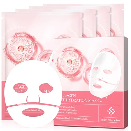 Deep Collagen Mask, 4pcs Gel Face Mask Rich in Nano-collagen, Vitality Probiotics, Vitamin E and Variety of Anti-aging Ingredients, Hydrating Over Night Face Masks, Sheet Face Masks for Women