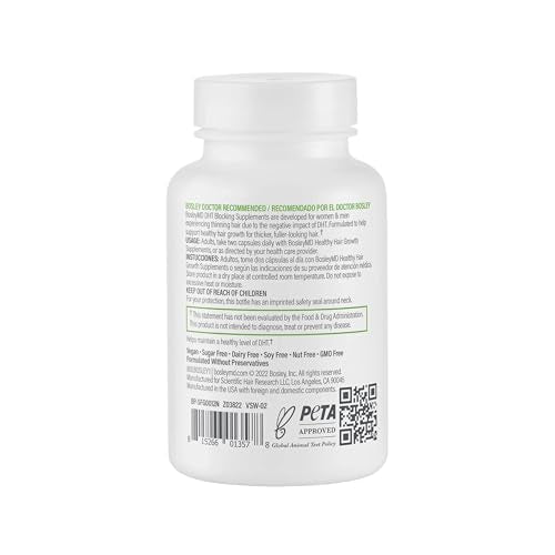 Men & Women DHT Blocking Hair Supplement - 60 Vegan Capsules, Thicker Fuller Hair, DHT-7 Blend, BosleyMD