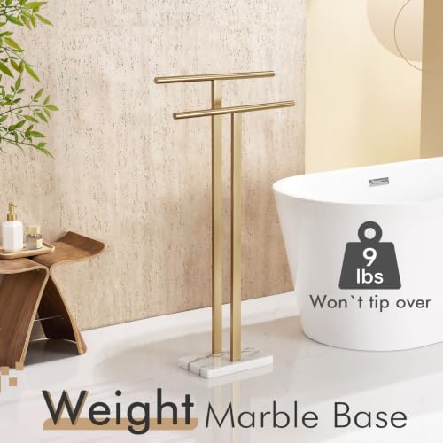 KOKOSIRI Champagne Bronze Standing Towel Rack with Marble Base, 2-Tier Bathroom Floor Towel Holder