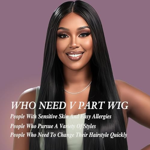 V Part Human Hair Wig 22 Inch Straight No Leave Out No Sew for Black Women - 1B