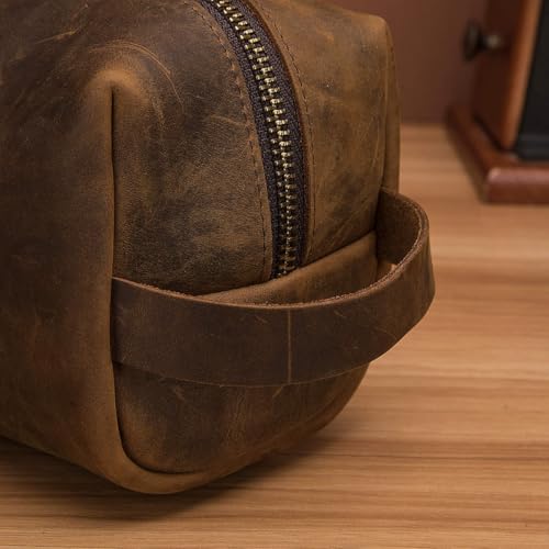 Premium Leather Unisex Toiletry Travel Pouch, Cosmetic Bag Organizer Stylish Waterproof Lining Vintage Unisex Kit, Water Resistant-Cosmetic Case DOPP Kit SD 064 (Coffee)