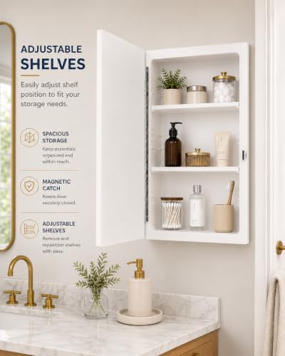 White Recessed Medicine Cabinet - 16 x 22 Inch Wall Mount Bathroom Storage with Adjustable Shelves