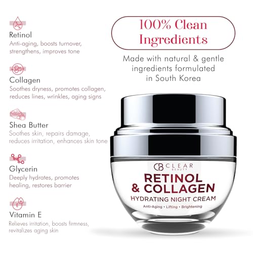 Clear Beauty Collagen & Retinol Night Cream - Firms, Hydrates & Smooths Fine Lines - Face Moisturizer For Dry Skin, Vegan, Clean Beauty - Korean Skin Care, Dermatologist Tested - 1.69 Fl Oz