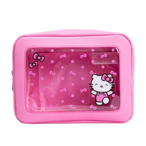 Impressions Vanity Hello Kitty Bows Window Cosmetic Pouch with Artwork, Vinyl Transparent Makeup Pouch with Interior Slip Pocket, Faux Saffiano Leather, and Lined Interior Silver Hardware Makeup Bag