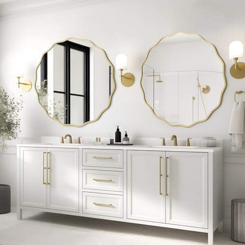 Gold Wavy Round Wall Mirror 32 Inch for Bathroom Bedroom Living Room - Modern Aluminum Frame, Decorative Mirror