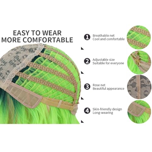 Neon Green Wig with Bangs & Dark Root Ombre - Short Curly 14 Inch Synthetic Hair for Women, Party & Daily Wear