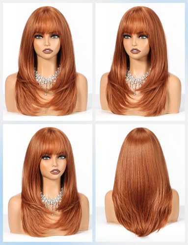 HAIRCUBE Orange Layered Long Straight Synthetic Wig with Bangs - Heat Resistant & Natural Look