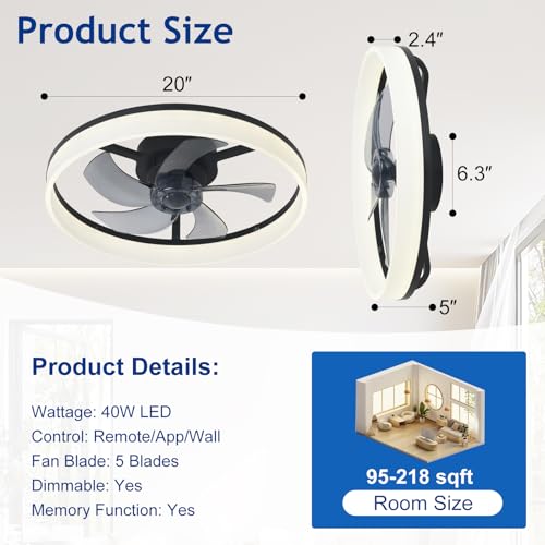 Black 20-Inch Bladeless Ceiling Fan with Light - Modern Flush Mount Fandelier with App & Remote