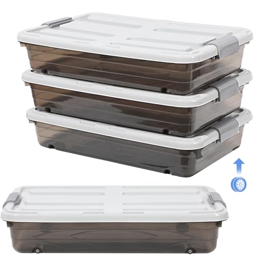Beeveer 4 Pack Under Bed Storage Containers 23.7 x 15.8 x 5.2 Inches Brown - Large Capacity, Stackable with Wheels & Lids