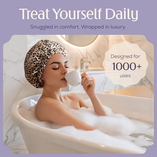 Leopard Pattern Reusable Waterproof Shower Cap for Women with Long Hair