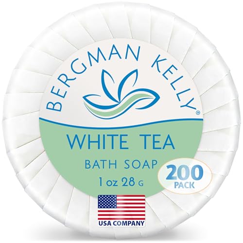 BERGMAN KELLY - Hotel Soap Bars - White Tea, 1 oz, 200 PK - Travel Size Luxury Bulk Amenities Bar Soap - Mini Individually Wrapped Round Soap - Small Toiletries for Airbnb, Motel, Guest Bathroom