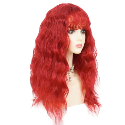 Curly Red Wavy Wig with Bangs - 24 Inch Heat-Resistant Synthetic Cosplay Hair - Dai Cloud