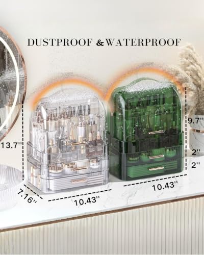 Large Transparent Makeup Organizer Box with Green Lid & Drawers - Dustproof Waterproof Storage