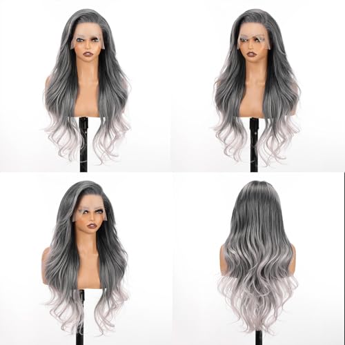 Allbell 13x6 Lace Front Wigs for Black Women - Ombre Gray Silver, 28 Inch Body Wave, Preplucked Hairline with Baby Hair - Balayage Gray 1005-5GR28