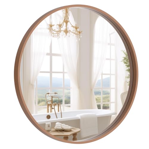 Wood Round Wall Mirror 24 Inch with Walnut Frame - Bathroom & Living Room Decor