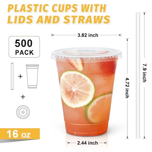 Clawsoff 16oz Disposable Plastic Cups Pack with Lids & Straws - 500 Count