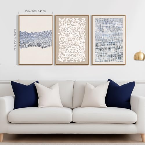 Blue and Neutral Mid-Century Boho Wall Art Set - 3 Panels 16x24 Framed