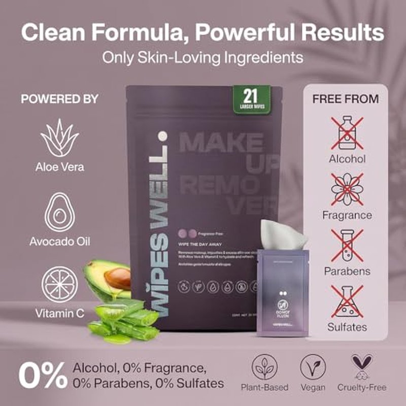 Makeup Remover Wipes - with Aloe & Avocado Oil - Make up Remover for Face, Eyes, Lips - Face Travel Essentials - Pouch of 21ct Makeup Wipes - Fragrance-Free, Individually Wrapped, Travel size