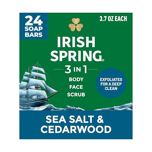 Irish Spring Men’s 3-in-1 Body Wash, Face & Exfoliating Bar, Sea Salt & Cedarwood, 3.7 oz (24 Pack)