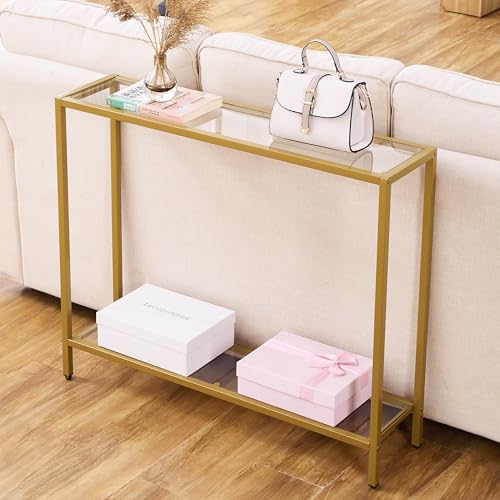 MAJARO Gold Double-Layer Modern Console Table with Tempered Glass for Entryway & Living Room