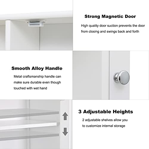 Bathroom Medicine Cabinet with Mirror, Wall Mount Storage - White, 26L x 6.3W x 25.2H - Includes 2 Adjustable Shelves & 6 Open Shelves