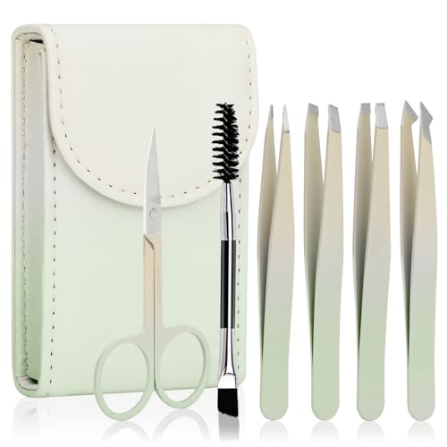 6 PCS Tweezers Set for Women, Eyebrow Tweezers Set with Curved Scissor for Ingrown Hair, Plucking Daily Beauty Tool with Leather Travel Case for Gifts (Gradient Green)