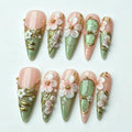 Pink Green Gradient Stiletto Press On Nails with Floral Gold Decor - Mint Nude Variation of THIS Listing